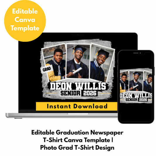 Graduation Newspaper Photo T-Shirt Canva Template | Senior 2026 Editable Shirt Design | Grad Photo Collage Template