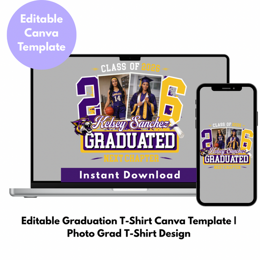 Editable Graduation T-Shirt Canva Template | Photo Grad Shirt Design | Class of 2026 Senior Shirt Template