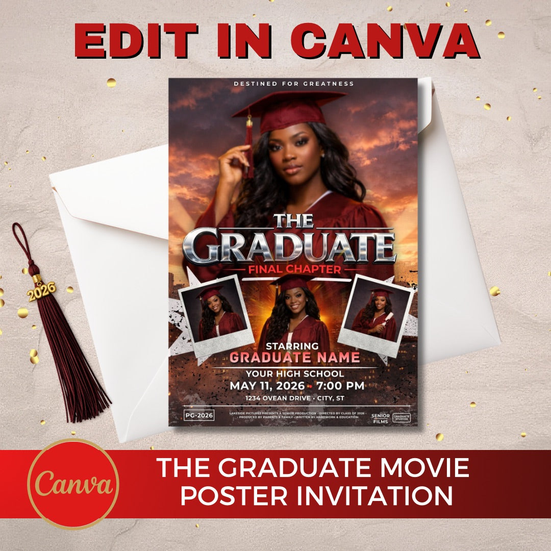 Editable Graduation Movie Poster Invitation Template (Canva)