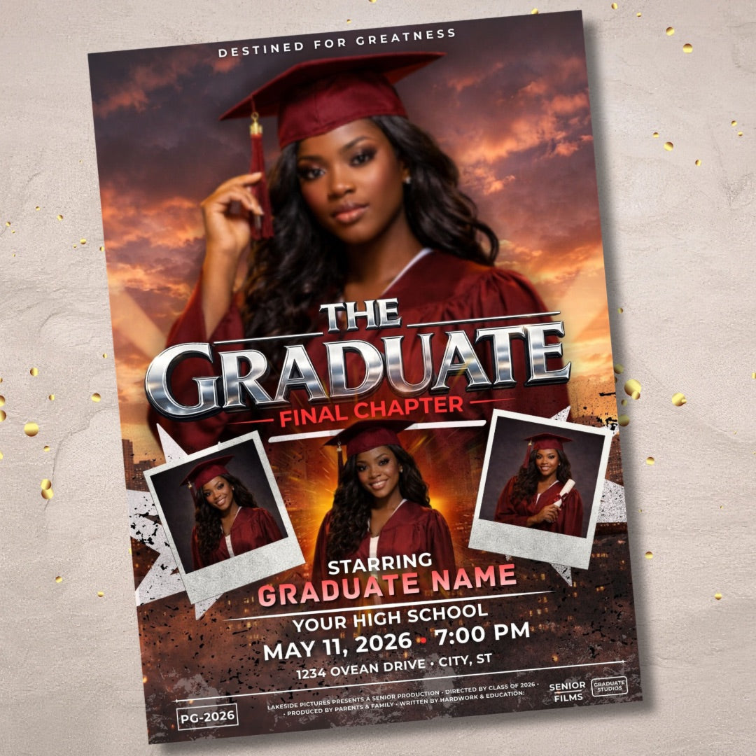 Editable Graduation Movie Poster Invitation Template (Canva)